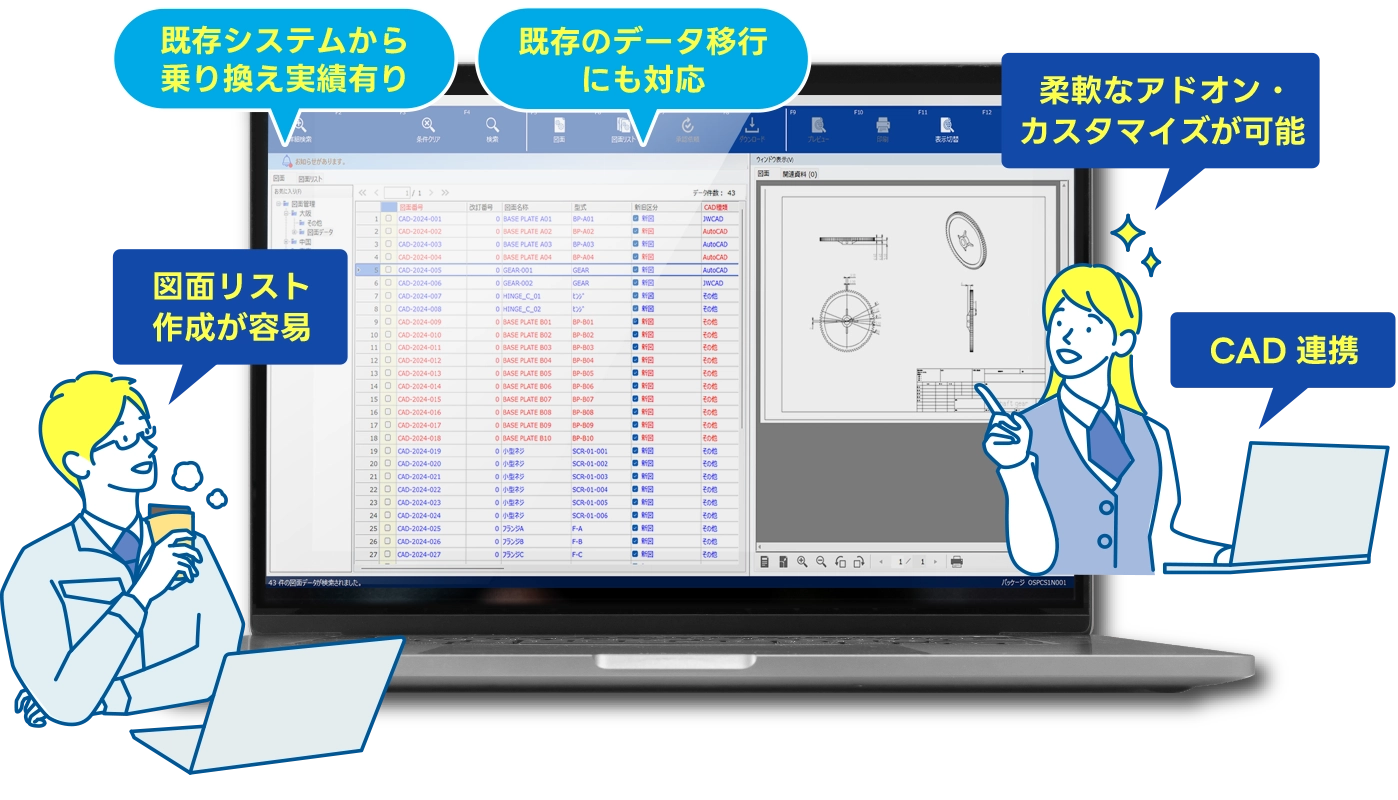 既存システムから乗り換え実績有り・既存のデータ移行にも対応・図面リスト作成が容易・柔軟なアドオン・カスタマイズが可能・CAD連携